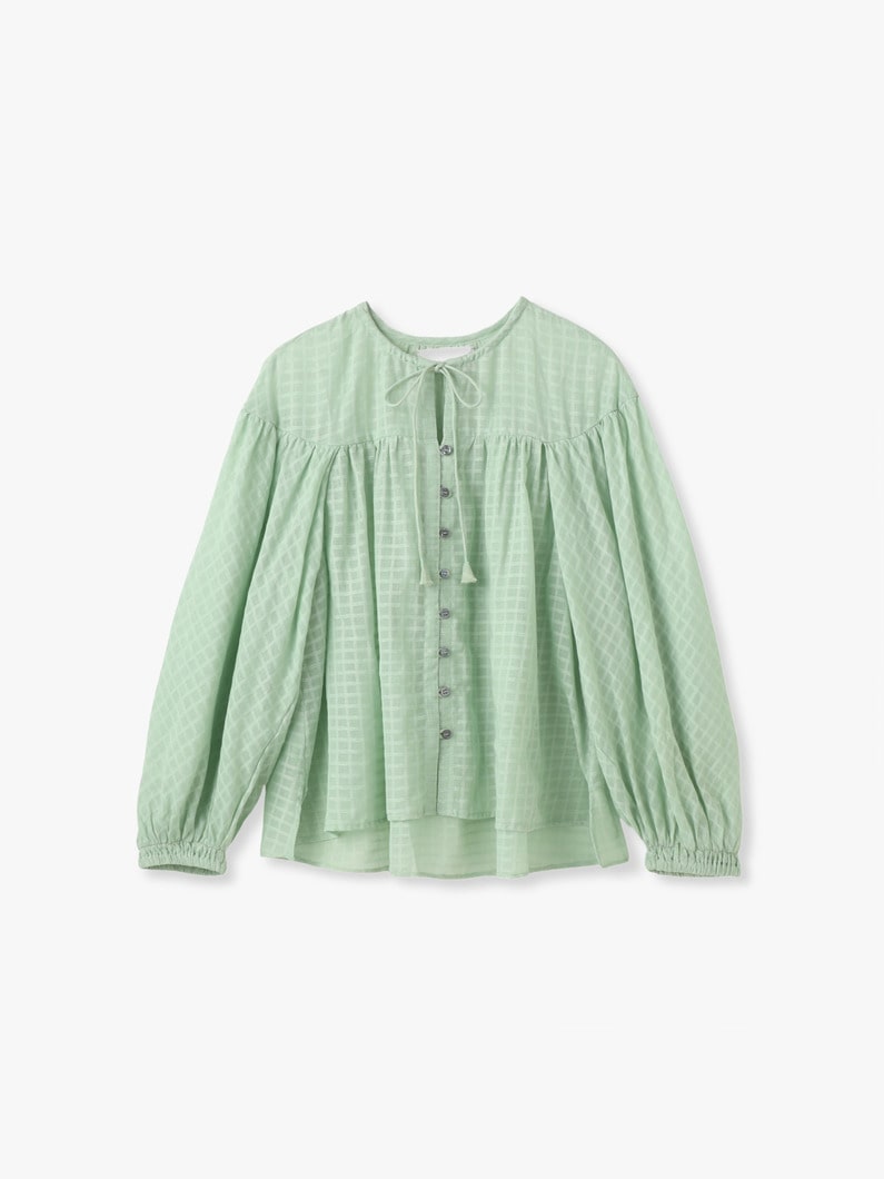 ナチュラルダイ シアー コットン チェック ギャザー ブラウス 詳細画像 light green