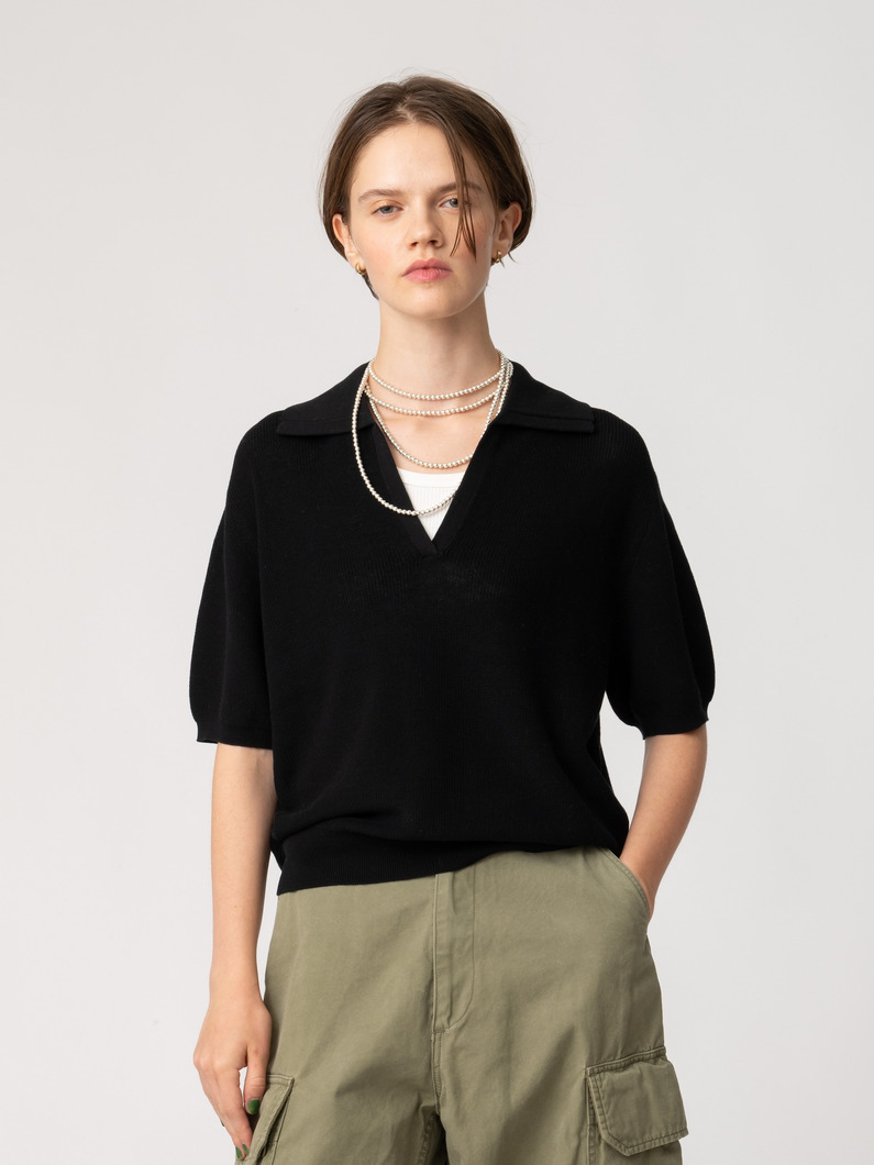 アレクサ ピマコットン ニットポロ トップ（ホワイト/ブラック） 詳細画像 black