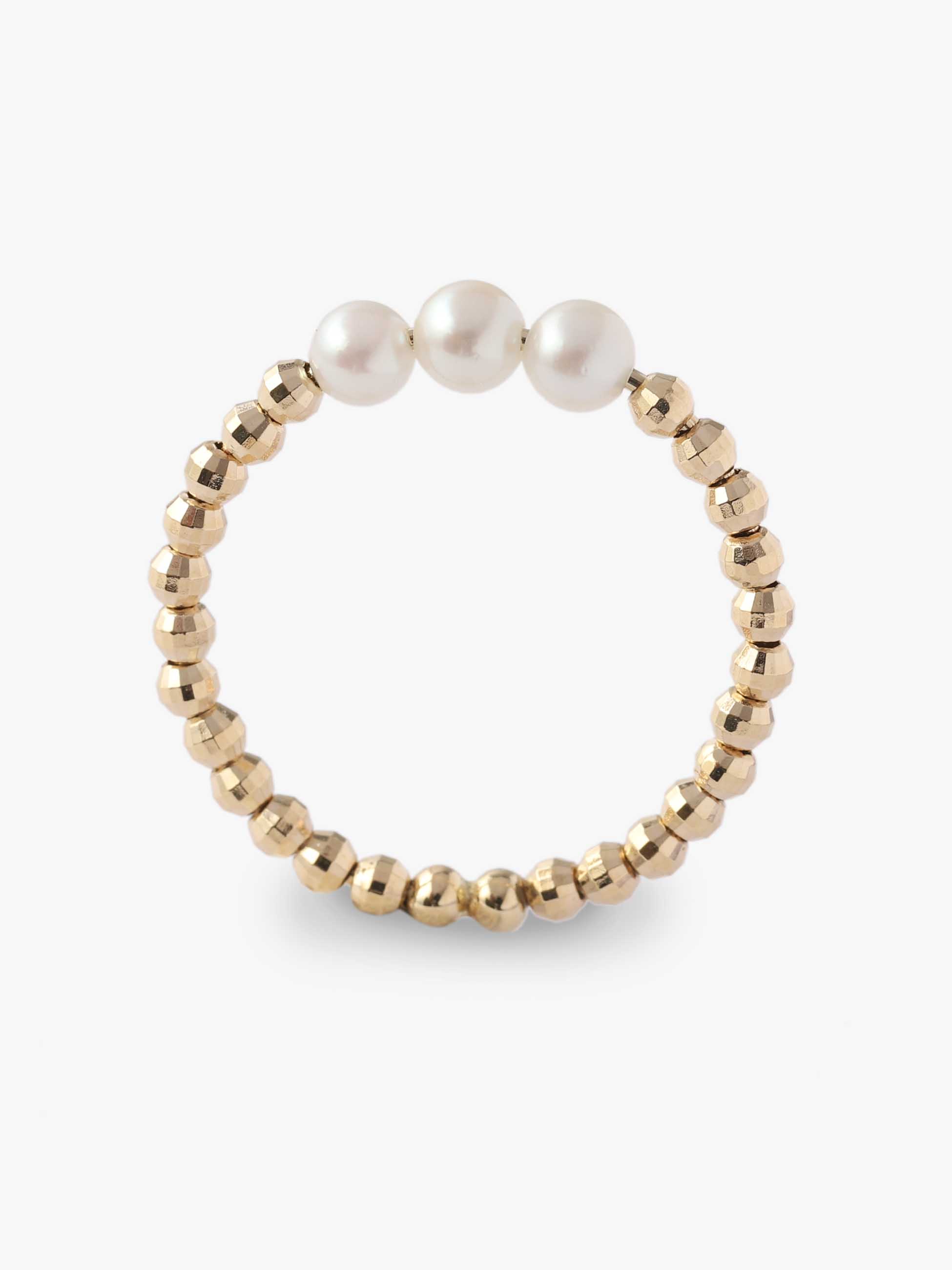 14K Yellow Gold Cut Beads and 3 Pearl Ring