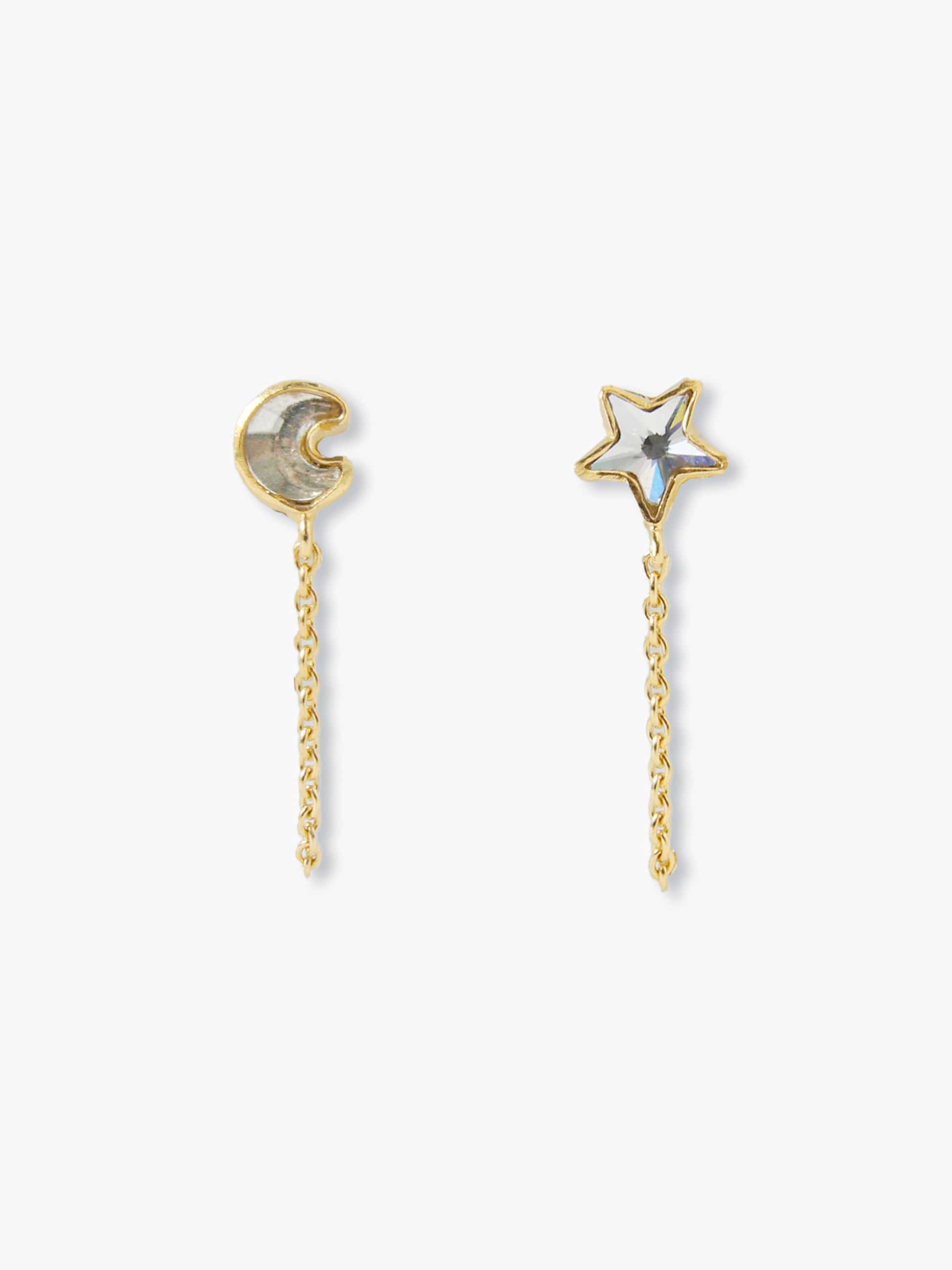 Mismatched Chain Stud Pierced Earrings (moon＆star)｜GRAINNE