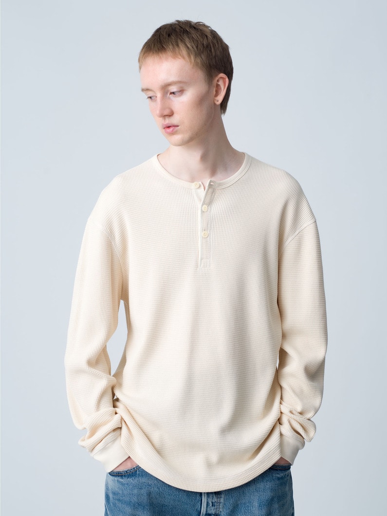 Maritime Waffle Henley Neck Pullover 詳細画像 white