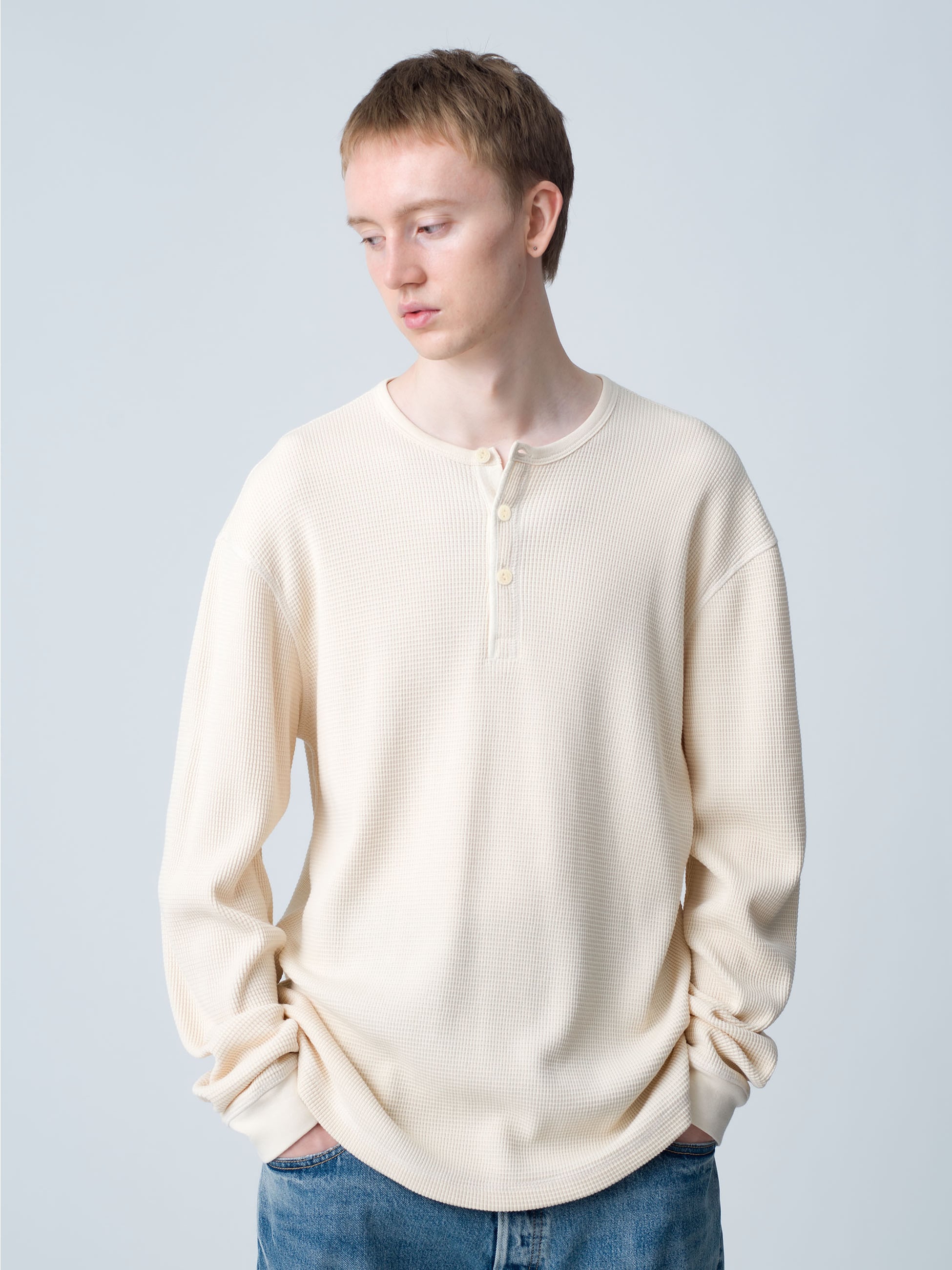 Maritime Waffle Henley Neck Pullover 詳細画像 white 1